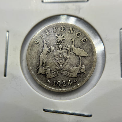 1924 Sixpence Coin - Very Good - George V Silver Predecimal Australian
