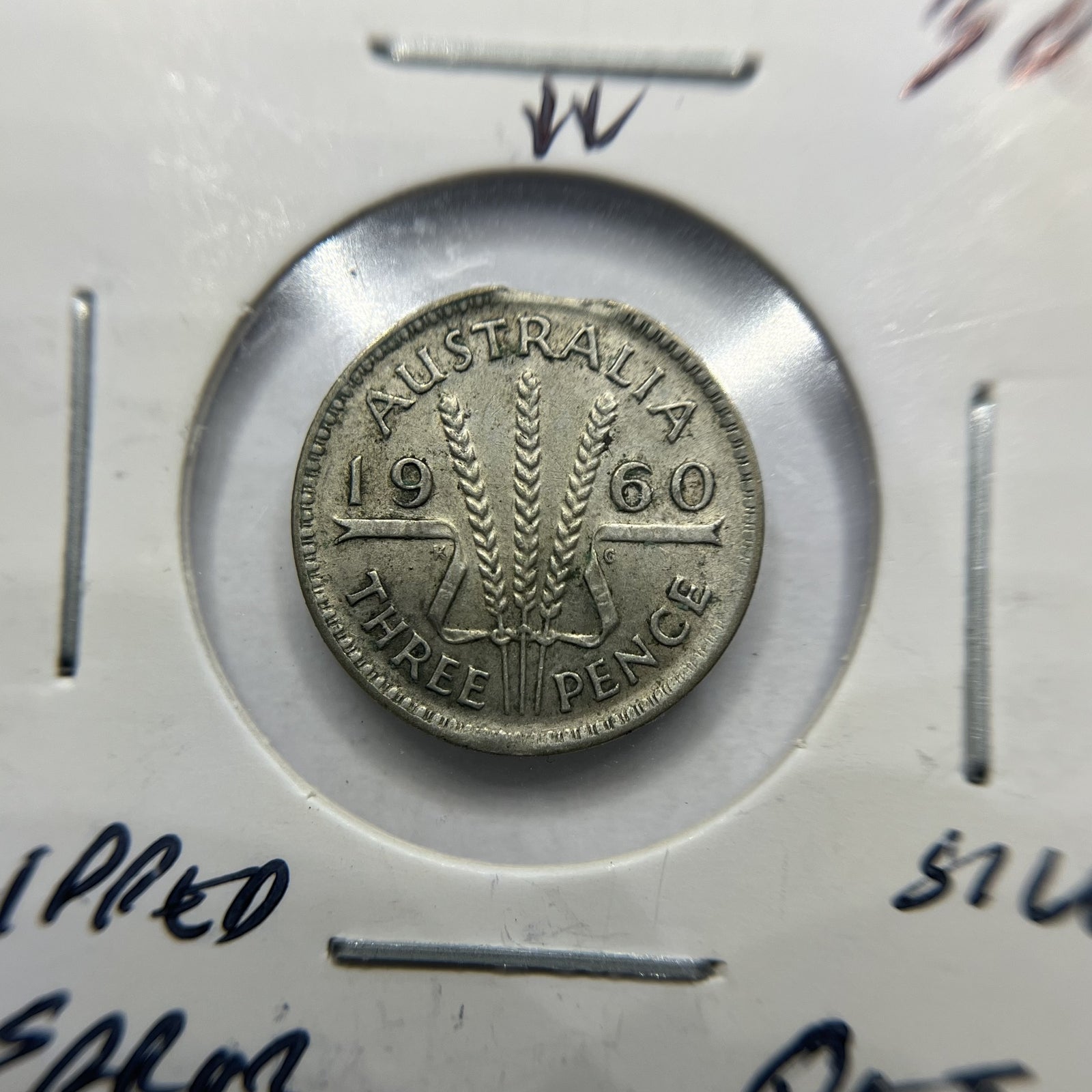 1960 Threepence Error Coin - Clipped Planchet Rim Bite - Silver Elizabeth II
