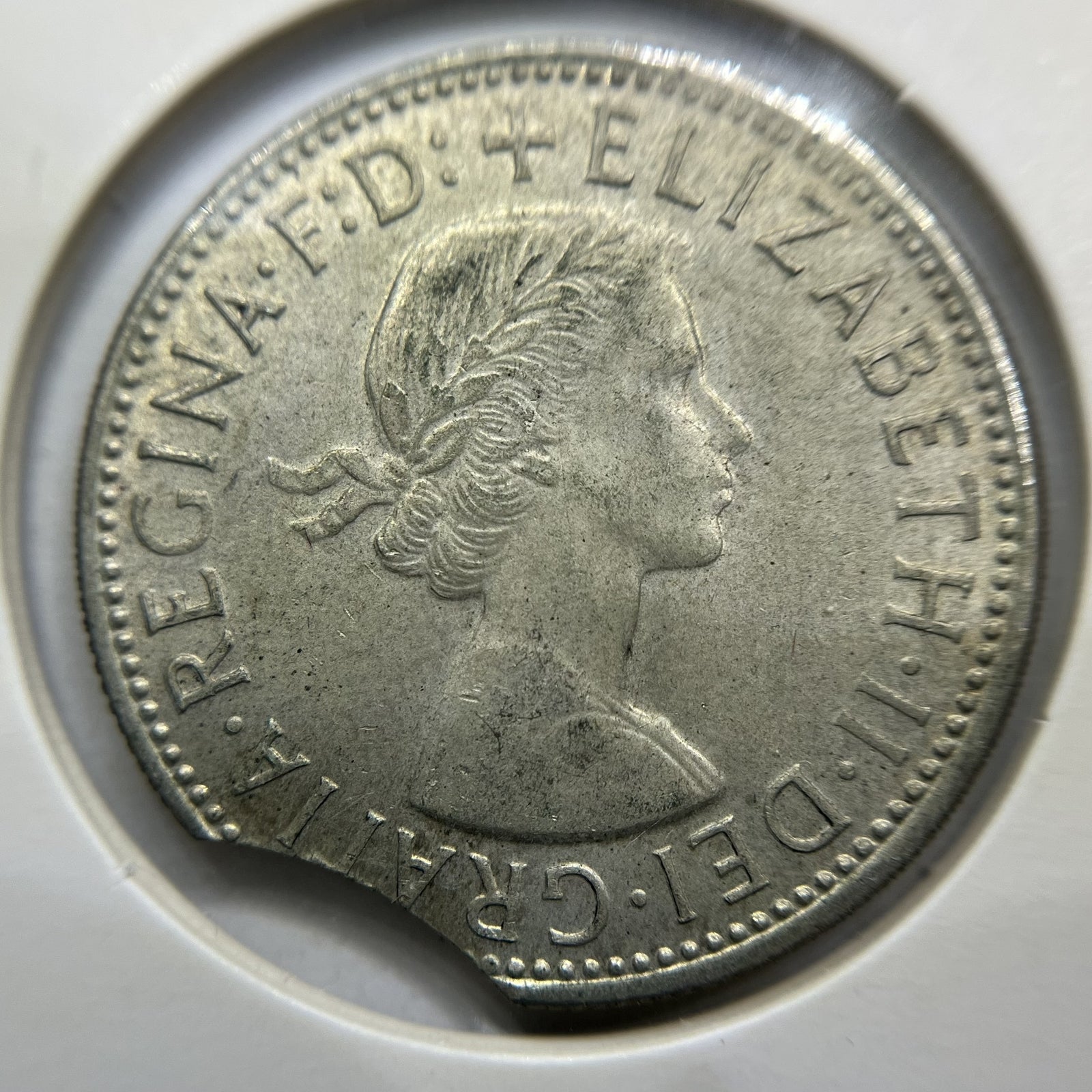 1963 Florin Error Coin - Clipped Planchet Large Rim Bite EF- Silver Elizabeth II