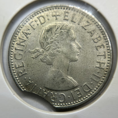 1963 Florin Error Coin - Clipped Planchet Large Rim Bite EF- Silver Elizabeth II
