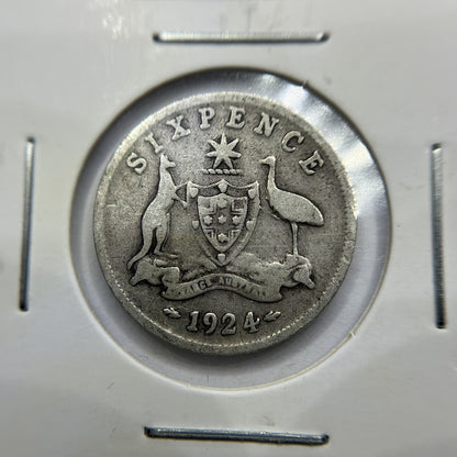 1924 Sixpence Coin - Very Good - George V Silver Predecimal Australian