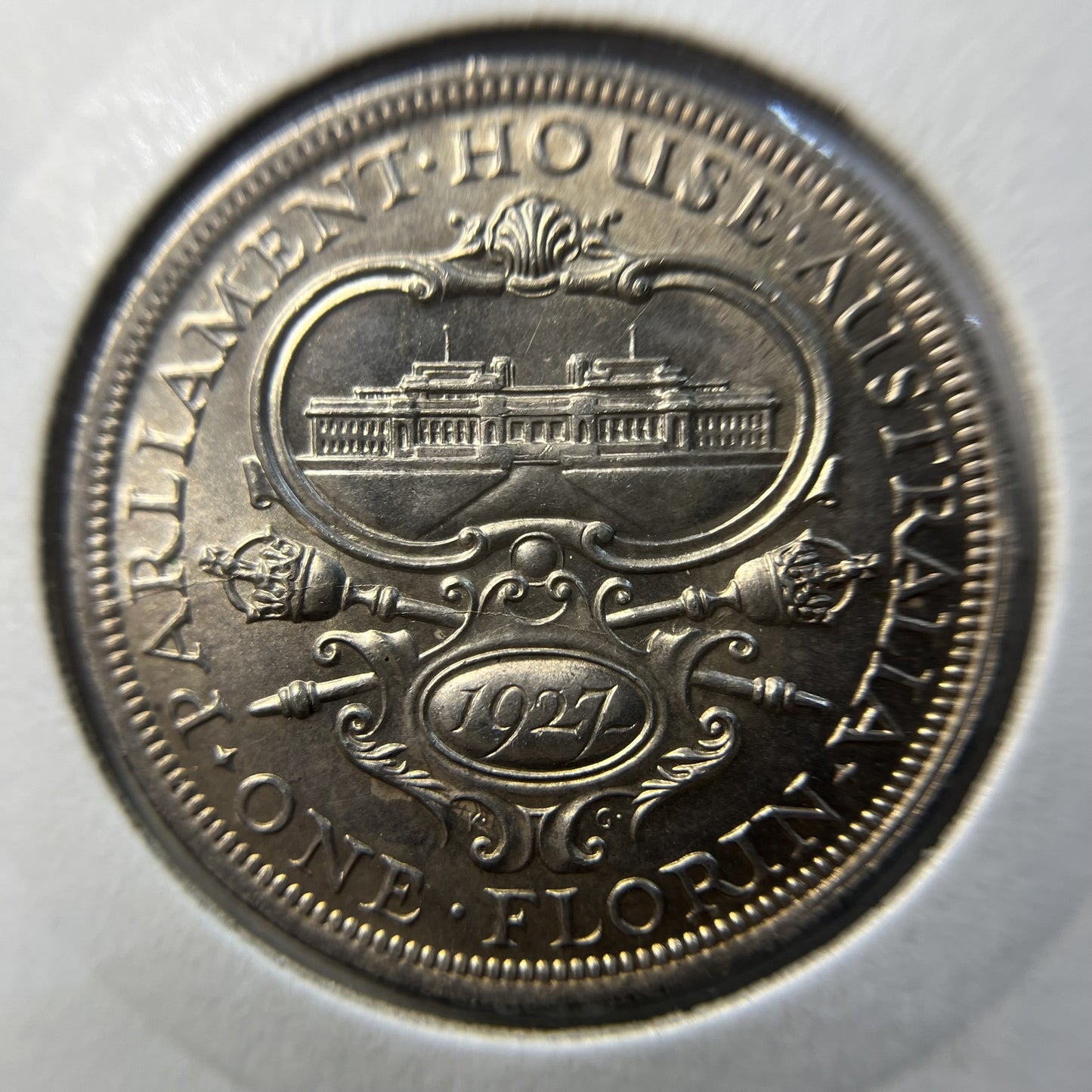 1927 Parliament Florin Coin - Choice Uncirculated Lustre - 8 Pearls 3 steps