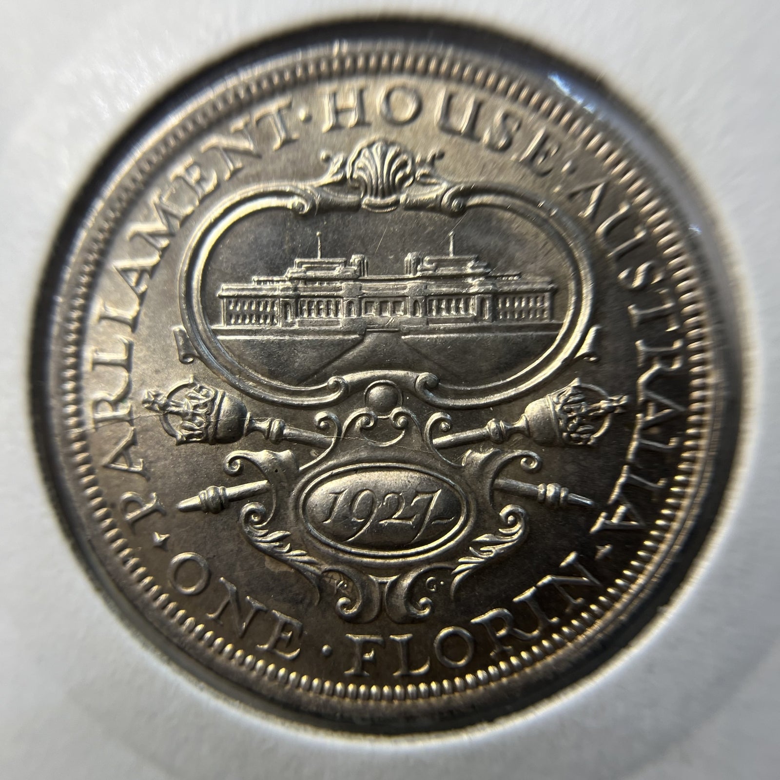 1927 Parliament Florin Coin - Choice Uncirculated Lustre - 8 Pearls 3 steps