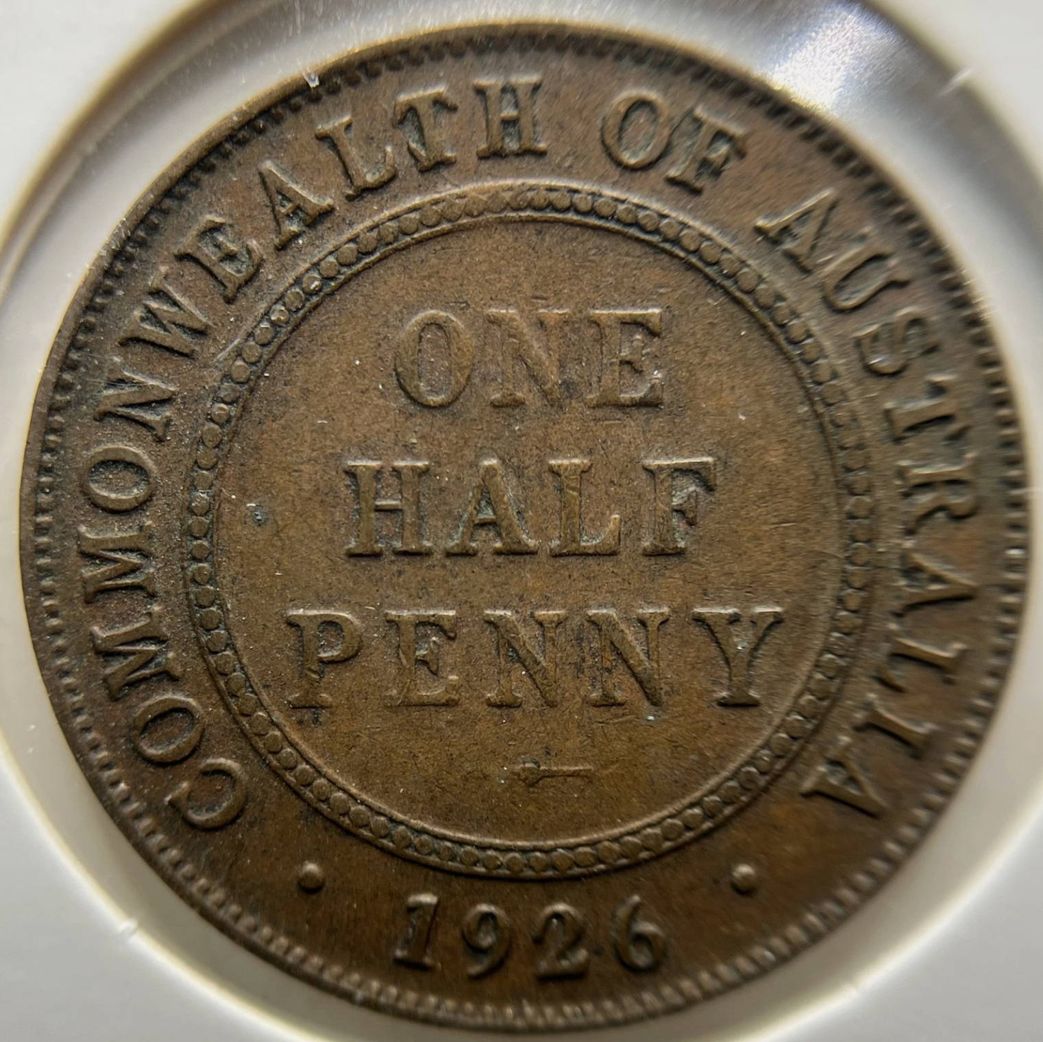 1926 Half Penny Error Coin - Half Moon and Pig Tail VG - Predecimal George V