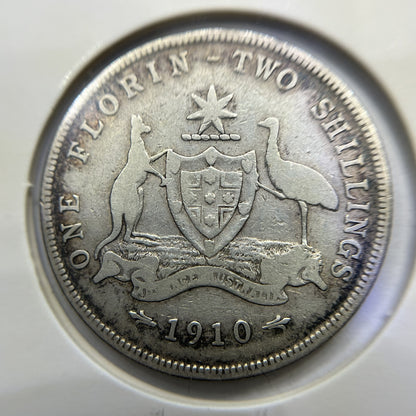 1910 Florin Coin - Fine - Edward VII Silver Predecimal First Year of Issue