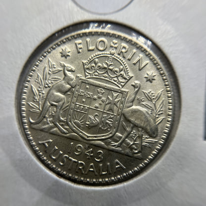 1943 s Florin Coin - Extremely Fine or better - George VI Silver Predecimal