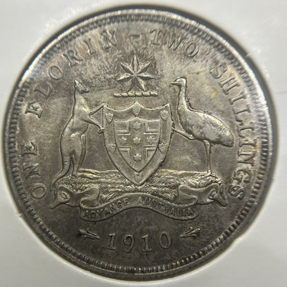 1910 Florin Coin - about Extremely Fine - Edward VII Silver Rare in This Grade