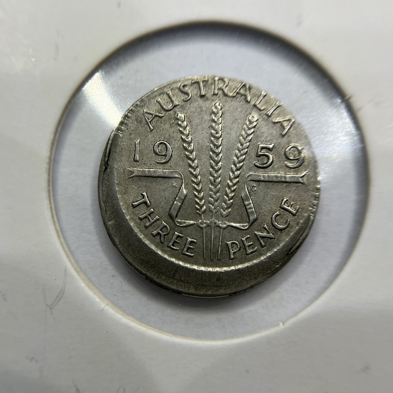 1959 Threepence Error Coin - Broadstrike Off Centre Lip EF - Silver Predecimal