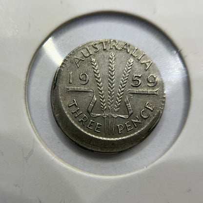 1959 Threepence Error Coin - Broadstrike Off Centre Lip EF - Silver Predecimal