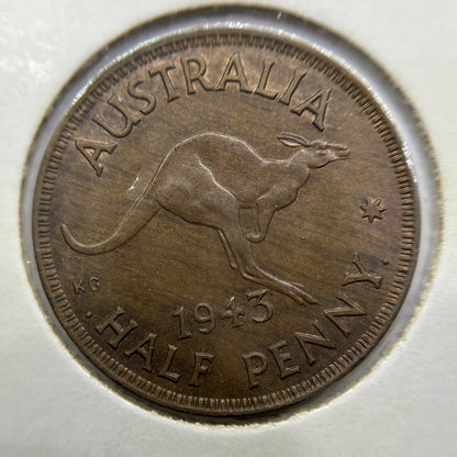 1943 I Half Penny Coin - Uncirculated - George VI Predecimal