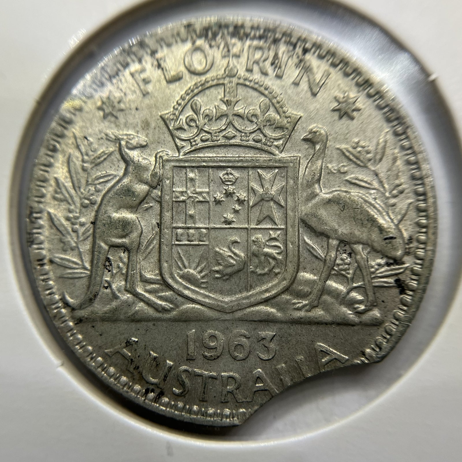 1963 Florin Error Coin - Clipped Planchet Large Rim Bite EF- Silver Elizabeth II