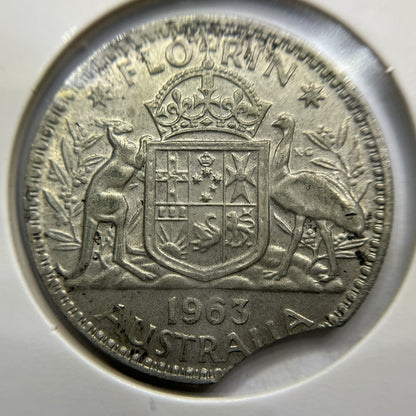 1963 Florin Error Coin - Clipped Planchet Large Rim Bite EF- Silver Elizabeth II