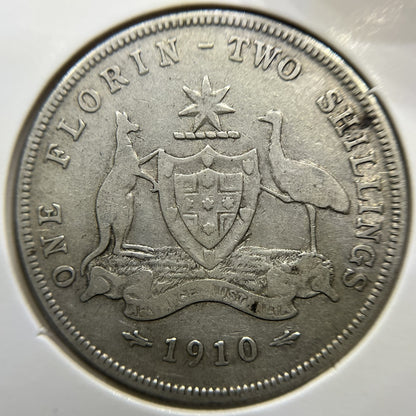 1910 Florin Coin - Fine - Edward VII Silver Predecimal First Year Issue