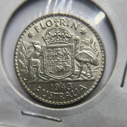1943 s Florin Coin - Extremely Fine or better - George VI Silver Predecimal