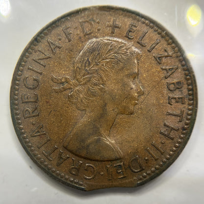 1959 Half Penny Coin - Clipped Planchet Rim Bite Error - Scarce Predecimal Clip