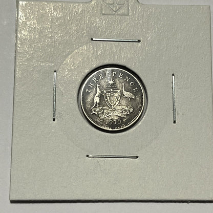 1910 Threepence Coin - Silver Predecimal Australian Coin - Good Very Fine