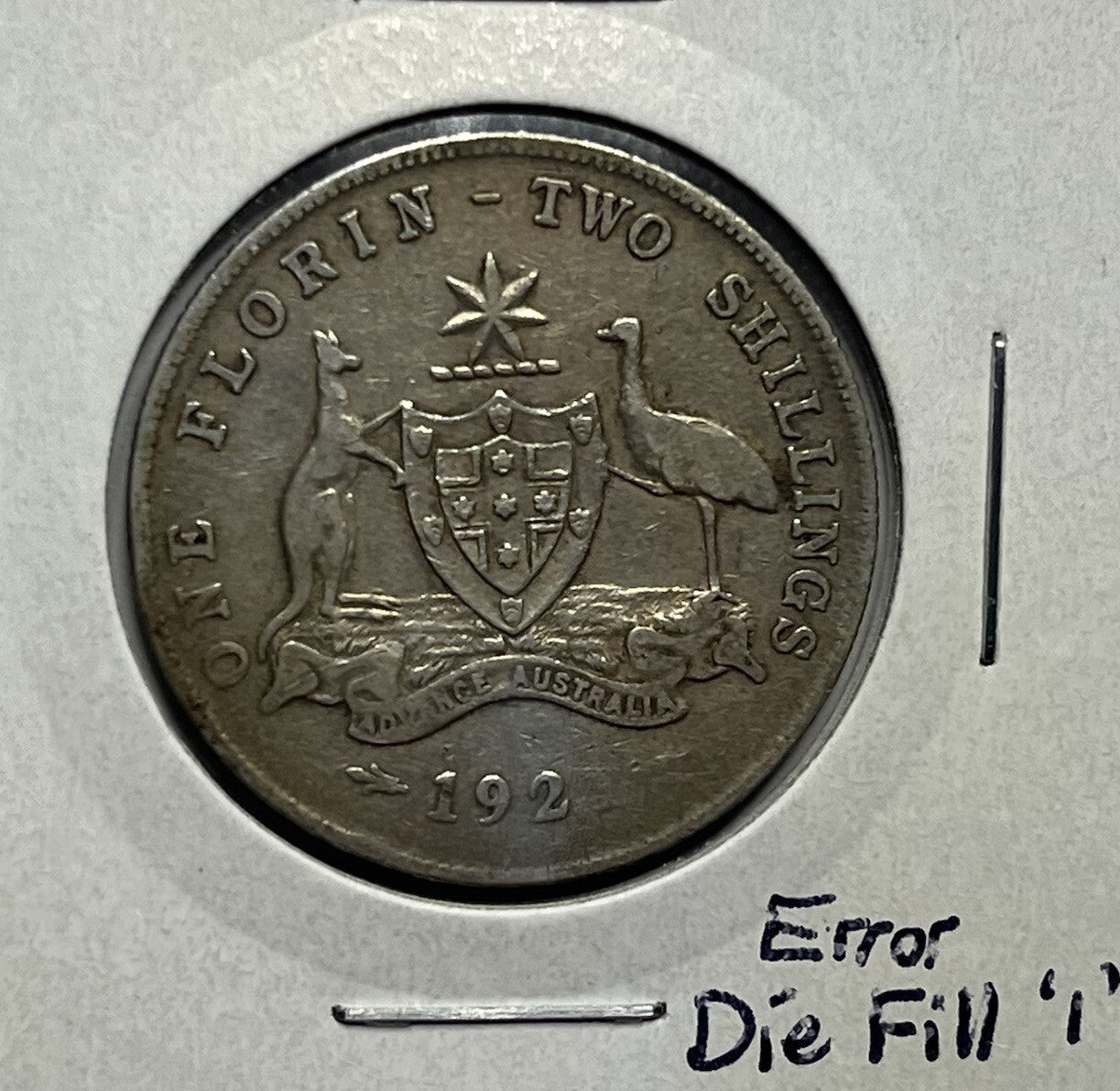 1921 Florin Coin - Die Fill Error "191?" - almost Very Fine - Good Date Silver