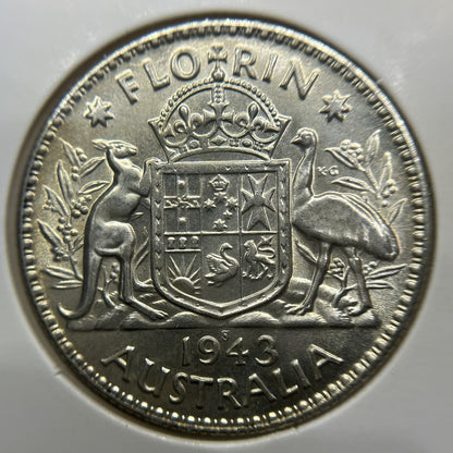 1943 s Florin Coin - Uncirculated Lustre - George VI Silver Predecimal