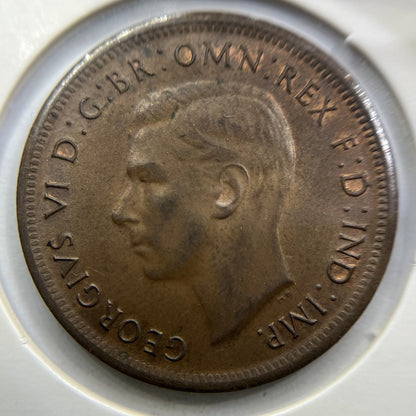 1943 Half Penny Coin - almost Uncirculated - George VI Predecimal Australian