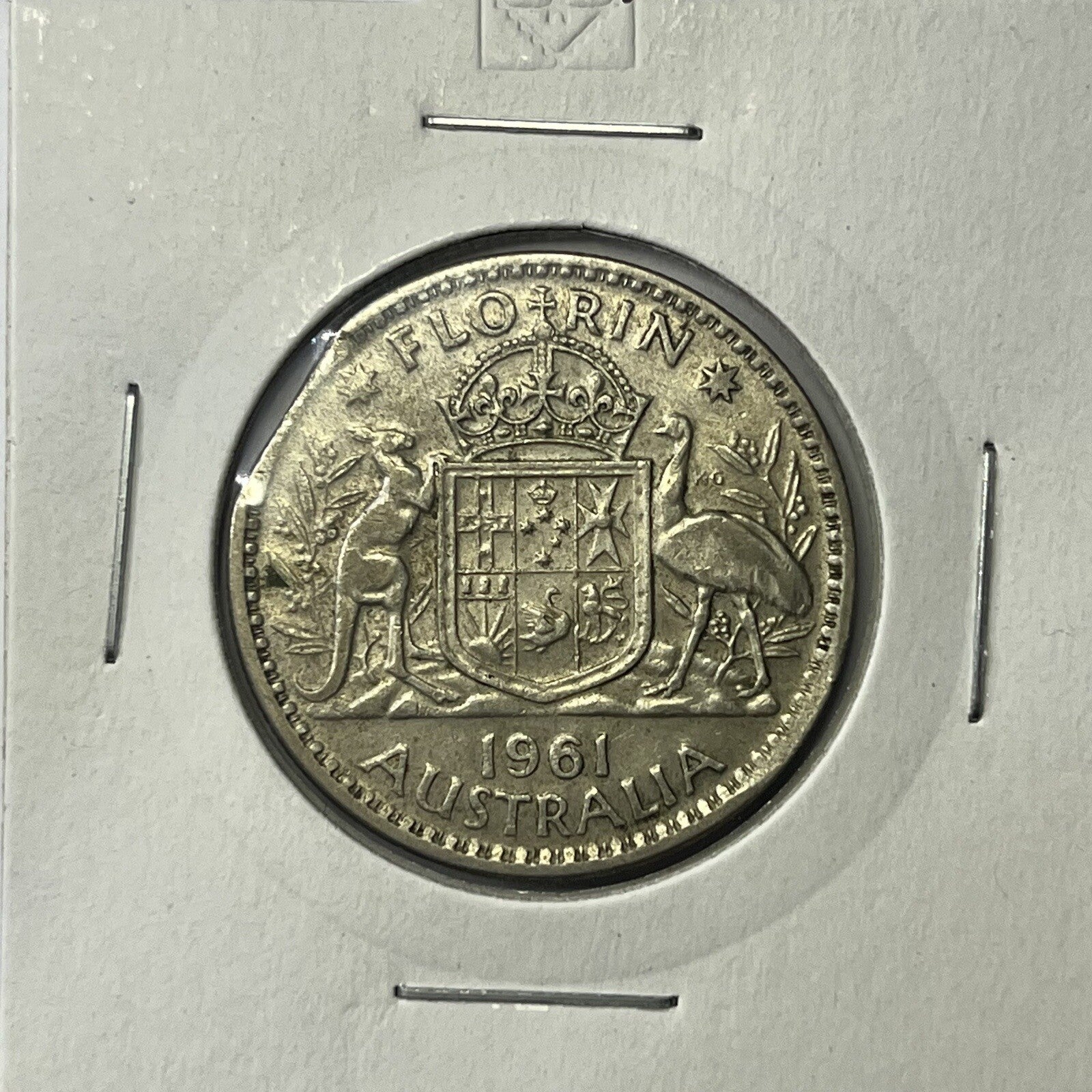1961 Florin Coin - Clipped Planchet Rim Bite Error - Silver Straight Clip