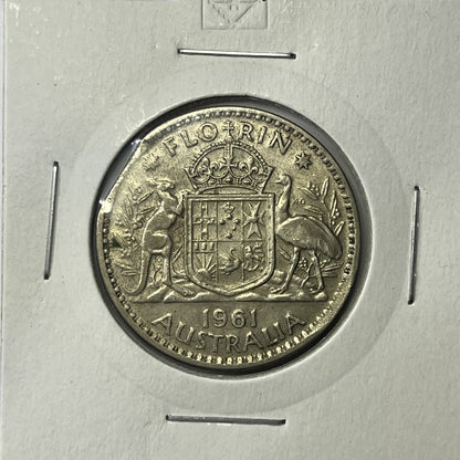 1961 Florin Coin - Clipped Planchet Rim Bite Error - Silver Straight Clip