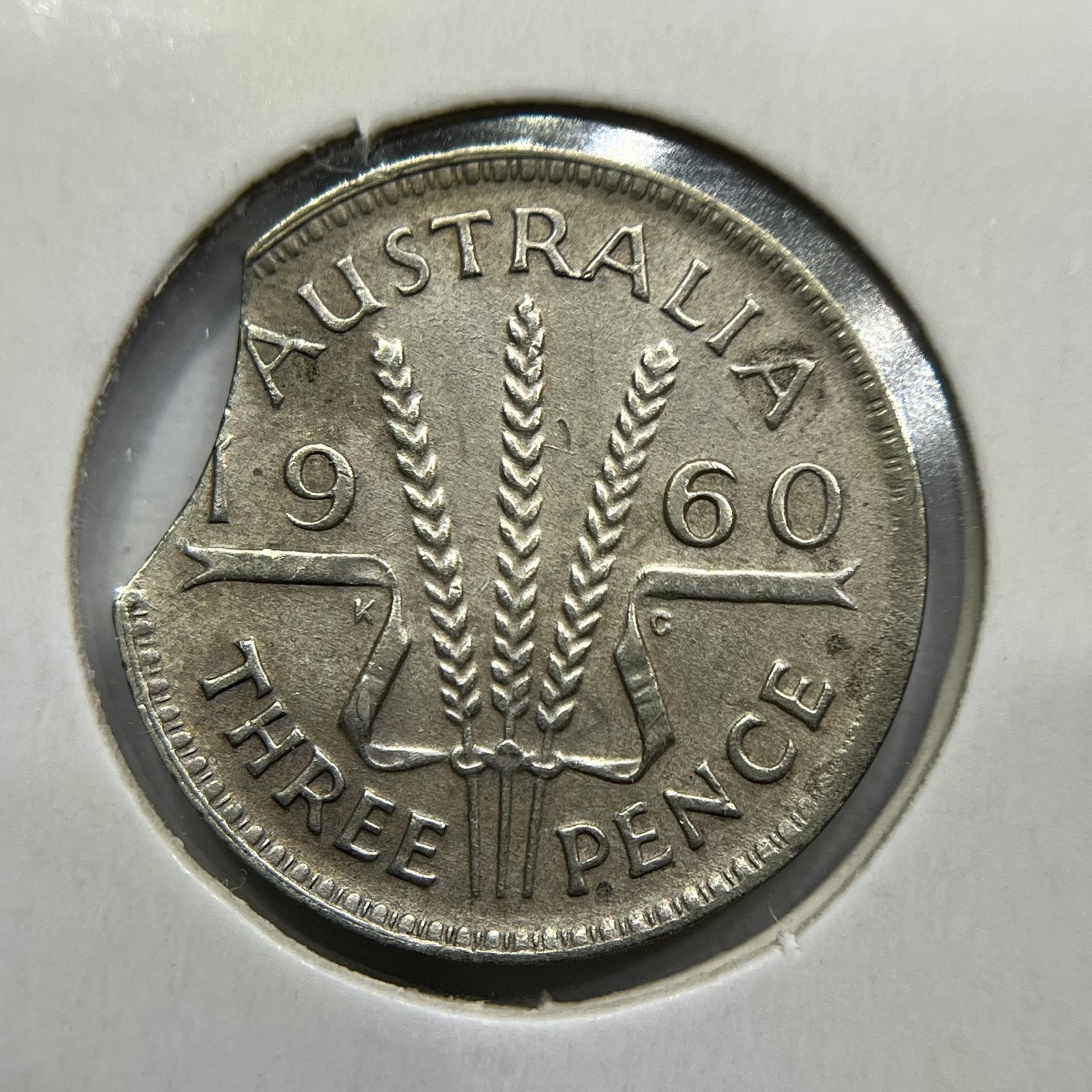 1960 Threepence Error Coin - Large Clipped Planchet Rim Bite Fine - Silver