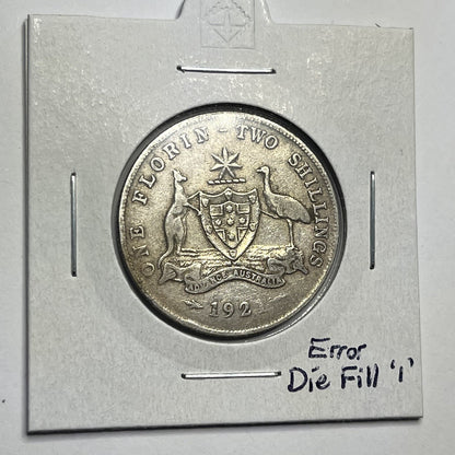 1921 Florin Coin - Die Fill Error "191?" - almost Very Fine - Good Date Silver