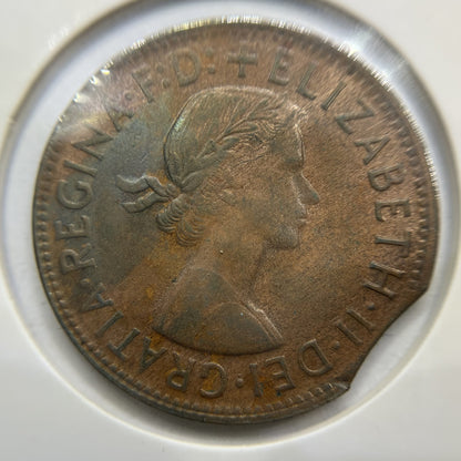 1962 Penny Error Coin - Clipped Planchet Rim Bite - Elizabeth II Australia