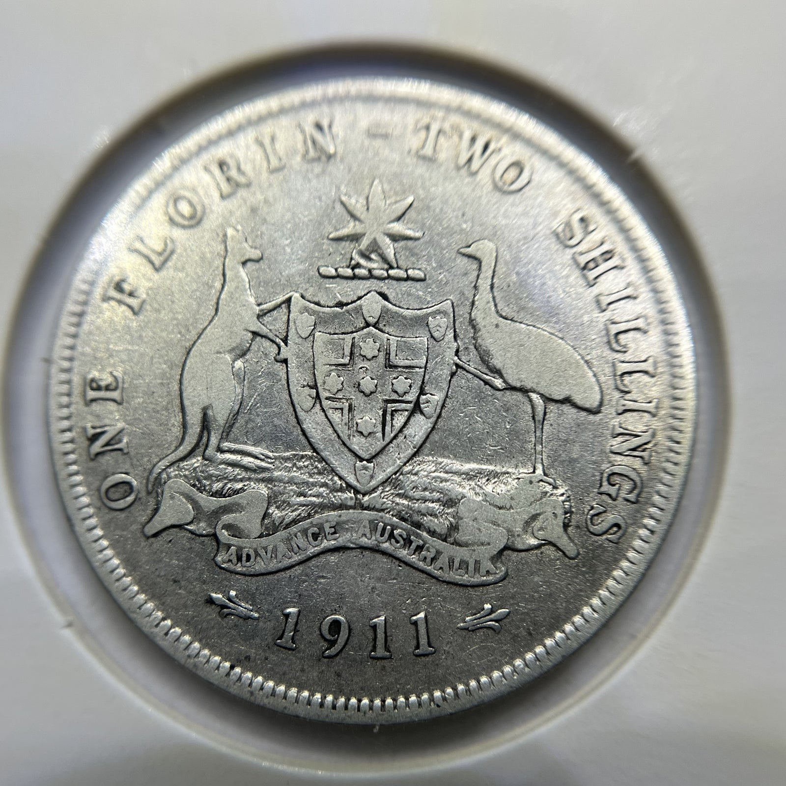 1911 Florin Coin - good Fine - Scarce Date George V Silver Predecimal Australian