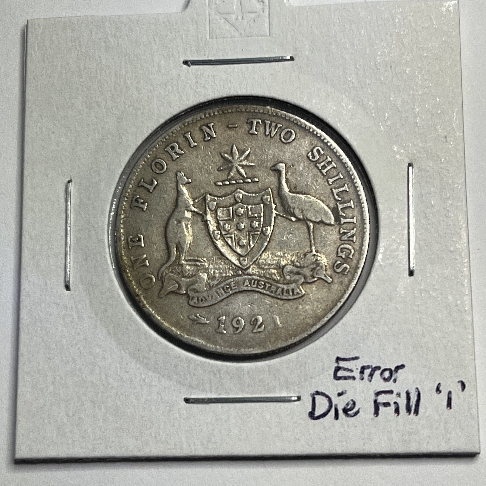 1921 Florin Coin - Die Fill Error "191?" - almost Very Fine - Good Date Silver
