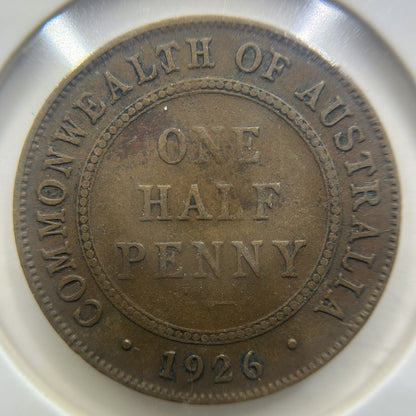 1926 Half Penny Error Coin - Half Moon and Pigtail Fine - George V