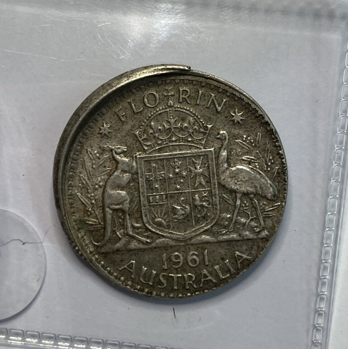 1961 Florin Coin - Off Centre Misstrike Error HUGE LIP Struck out of Collar