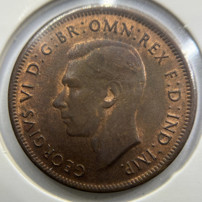 1943 Half Penny Coin - Uncirculated Red - George VI Predecimal Australian