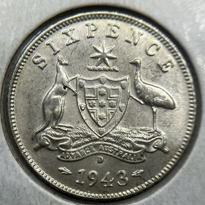 1943 d Sixpence Silver Coin - Uncirculated Imperfection - Predecimal George VI