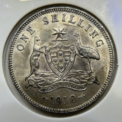 1910 Shilling Coin - Uncirculated patchy tone  - Edward VII Silver Predecimal