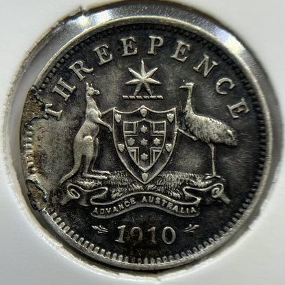 1910 Threepence Coin - good Very Fine Damaged - Edward VII Silver