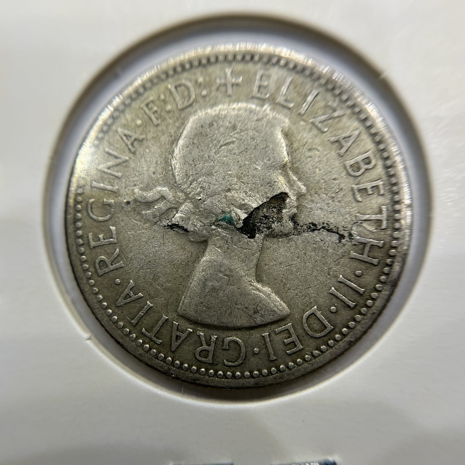 1956 Florin Error Coin - Planchet Flaw - Scarce Elizabeth II Silver
