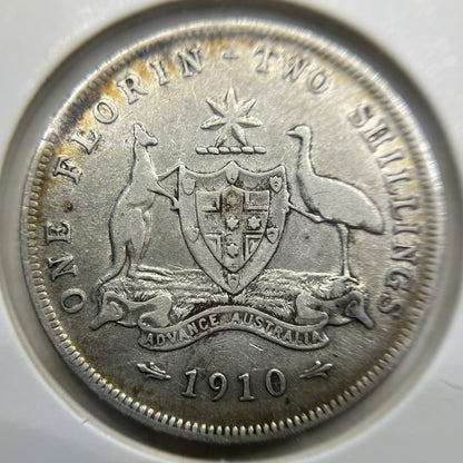 1910 Florin Coin - almost Very Fine - Edward VII Silver Predecimal First Year