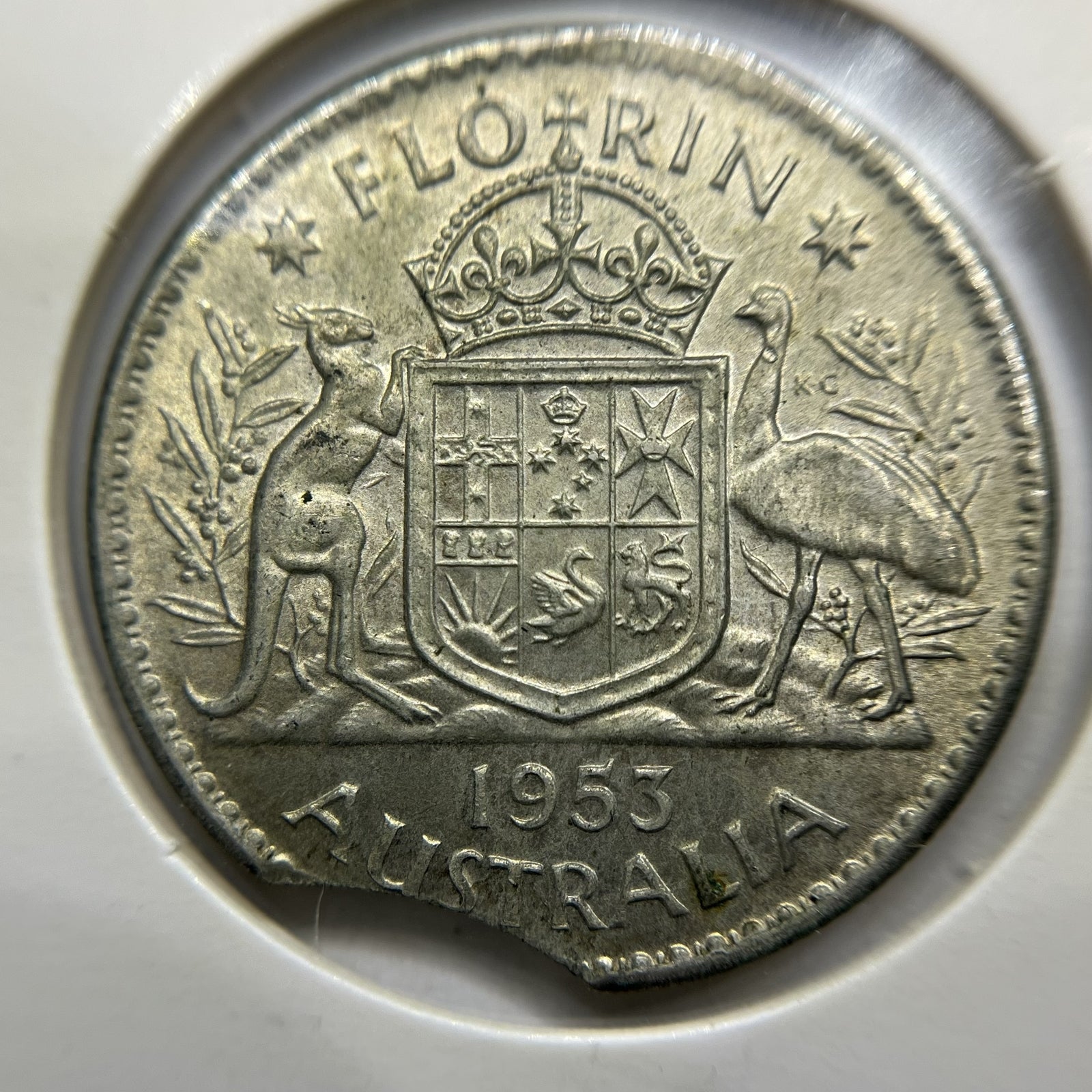 1953 Florin Error Coin - Clipped Planchet Large Rim Bite EF- Silver Elizabeth II