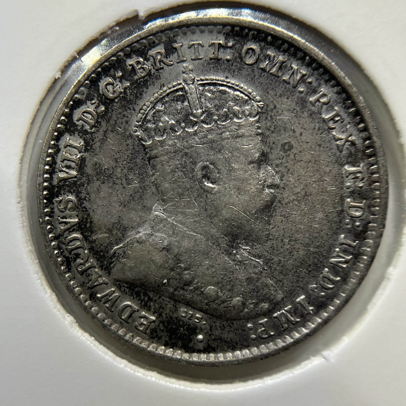 1910 Threepence Coin - about Extremely Fine Gunmetal Tone - Silver Edward VI