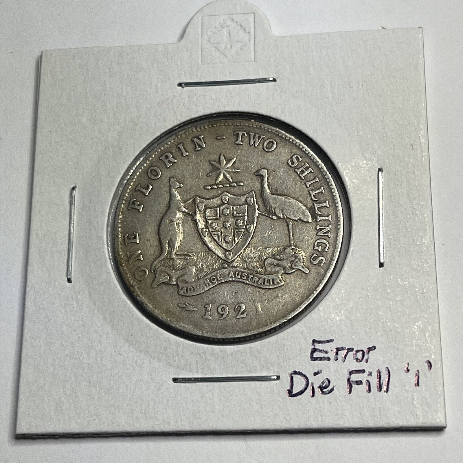 1921 Florin Coin - Die Fill Error "191?" - almost Very Fine - Good Date Silver