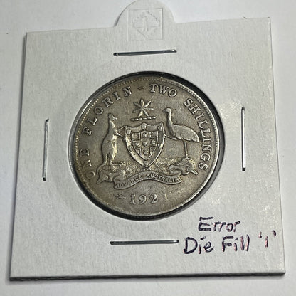 1921 Florin Coin - Die Fill Error "191?" - almost Very Fine - Good Date Silver