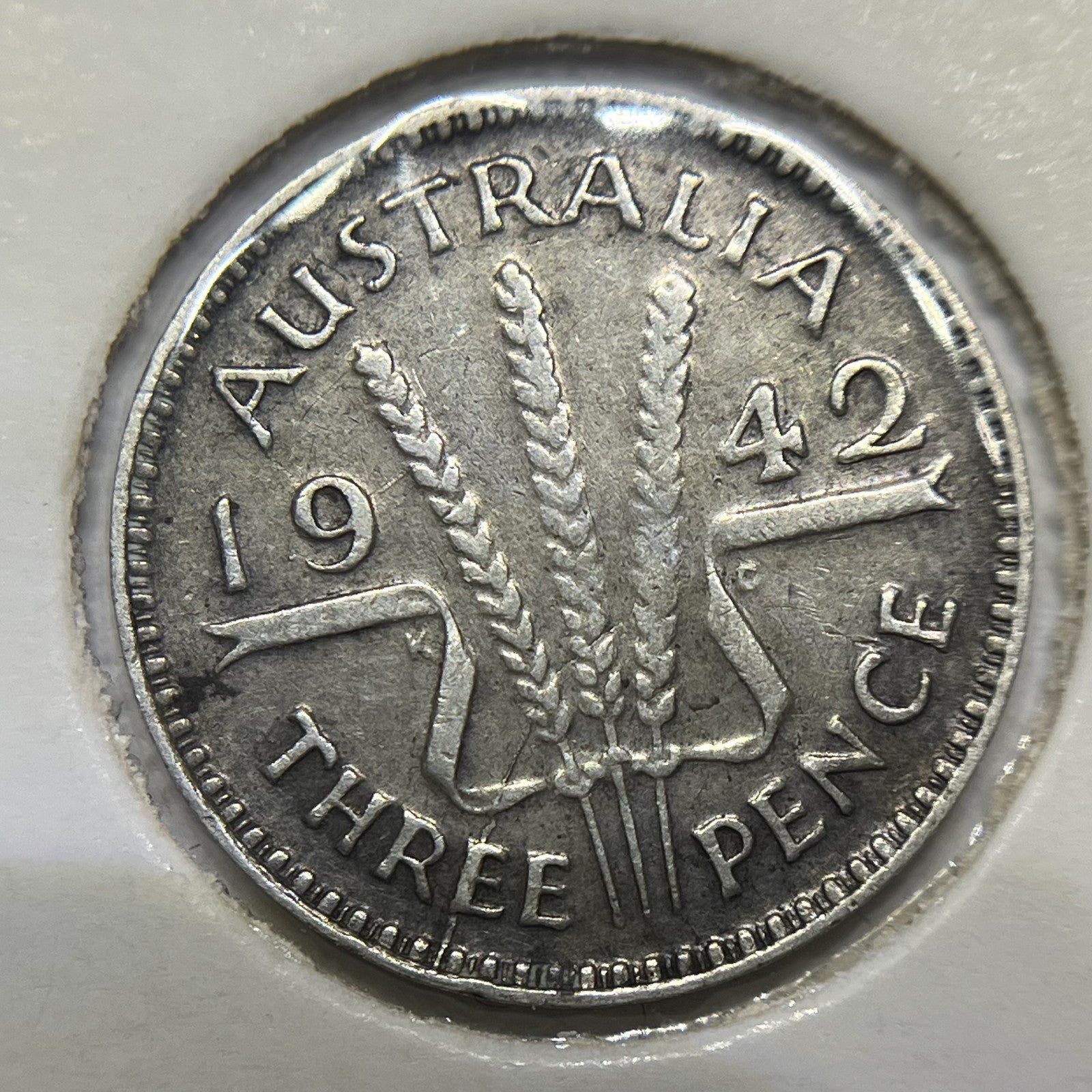 1942 m Threepence Coin - Fine - Key Date Silver George VI Predecimal