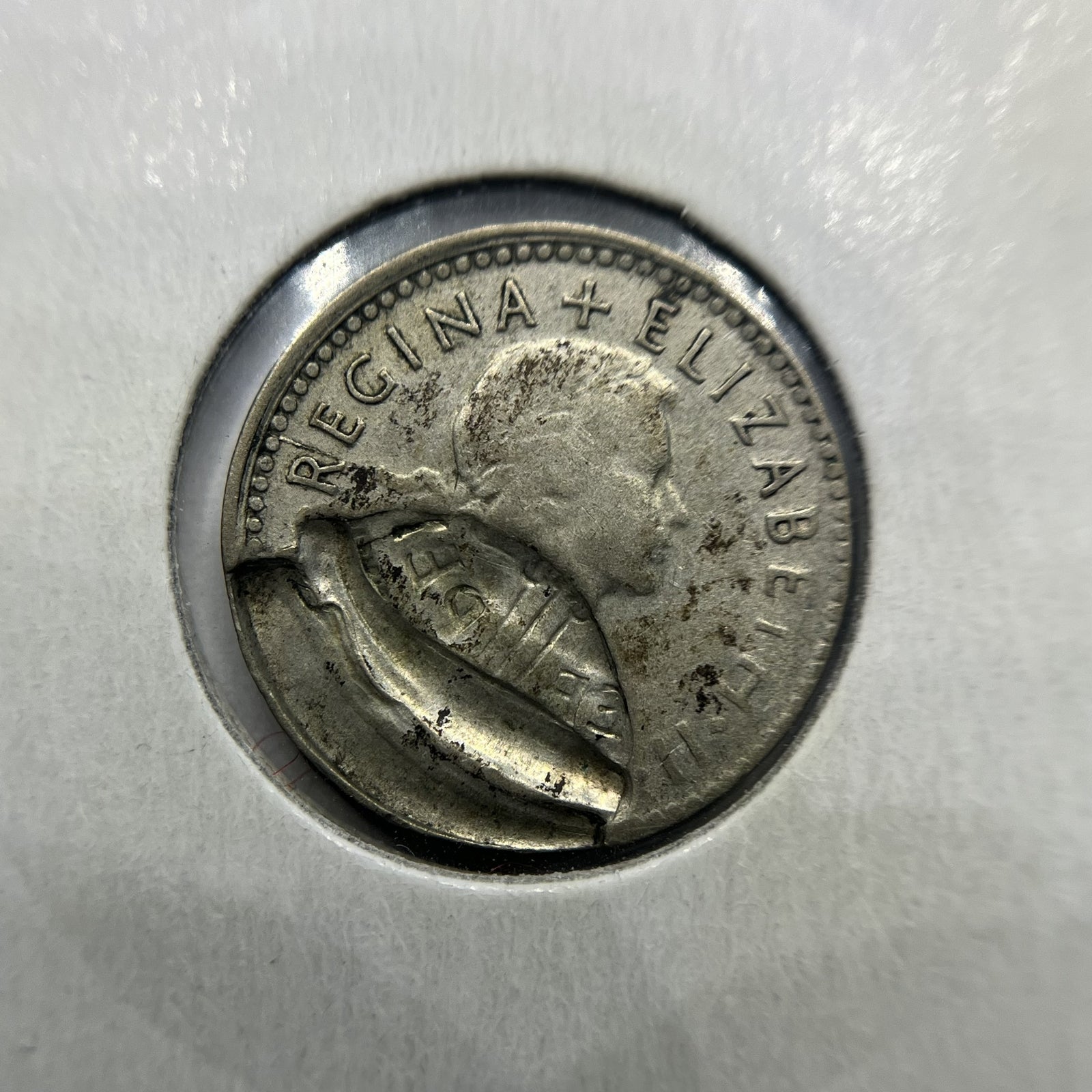 1953 Threepence Error Coin - Partial Obverse Brockage Most Unusual Example RARE