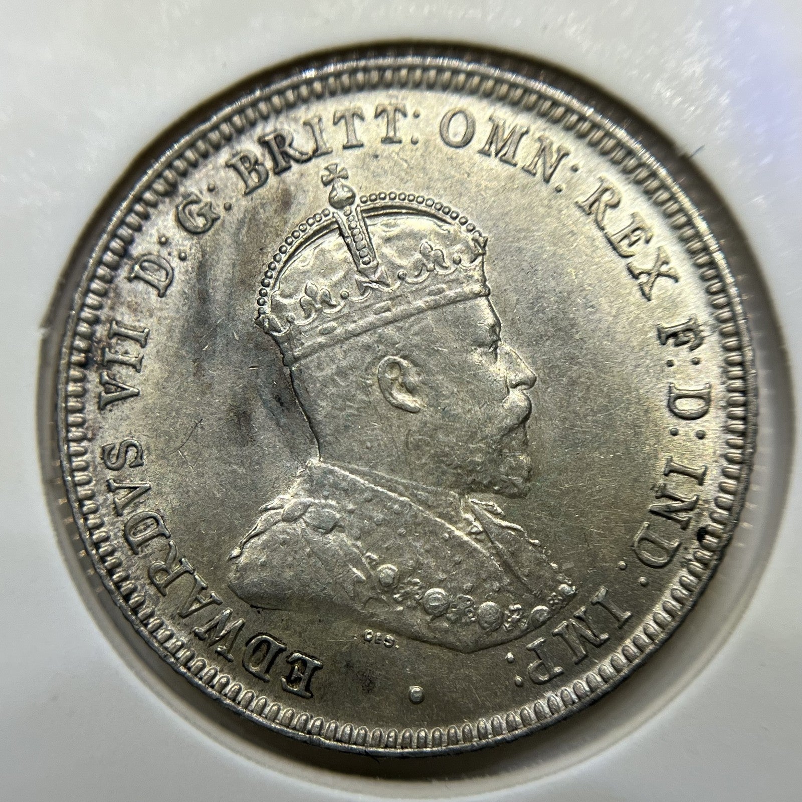 1910 Shilling Coin - Uncirculated patchy tone  - Edward VII Silver Predecimal