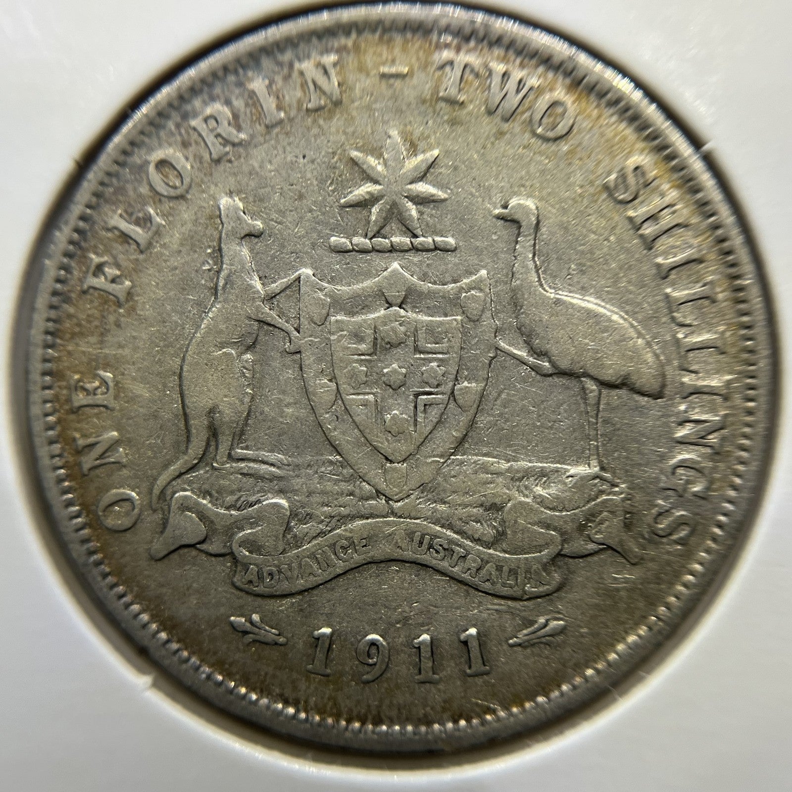 1911 Florin Coin - almost Fine - Scarce Date George V Silver Australian