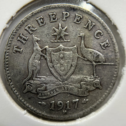 1917 Threepence Coin - Very Good Die Crack Error - George V Silver Predecimal