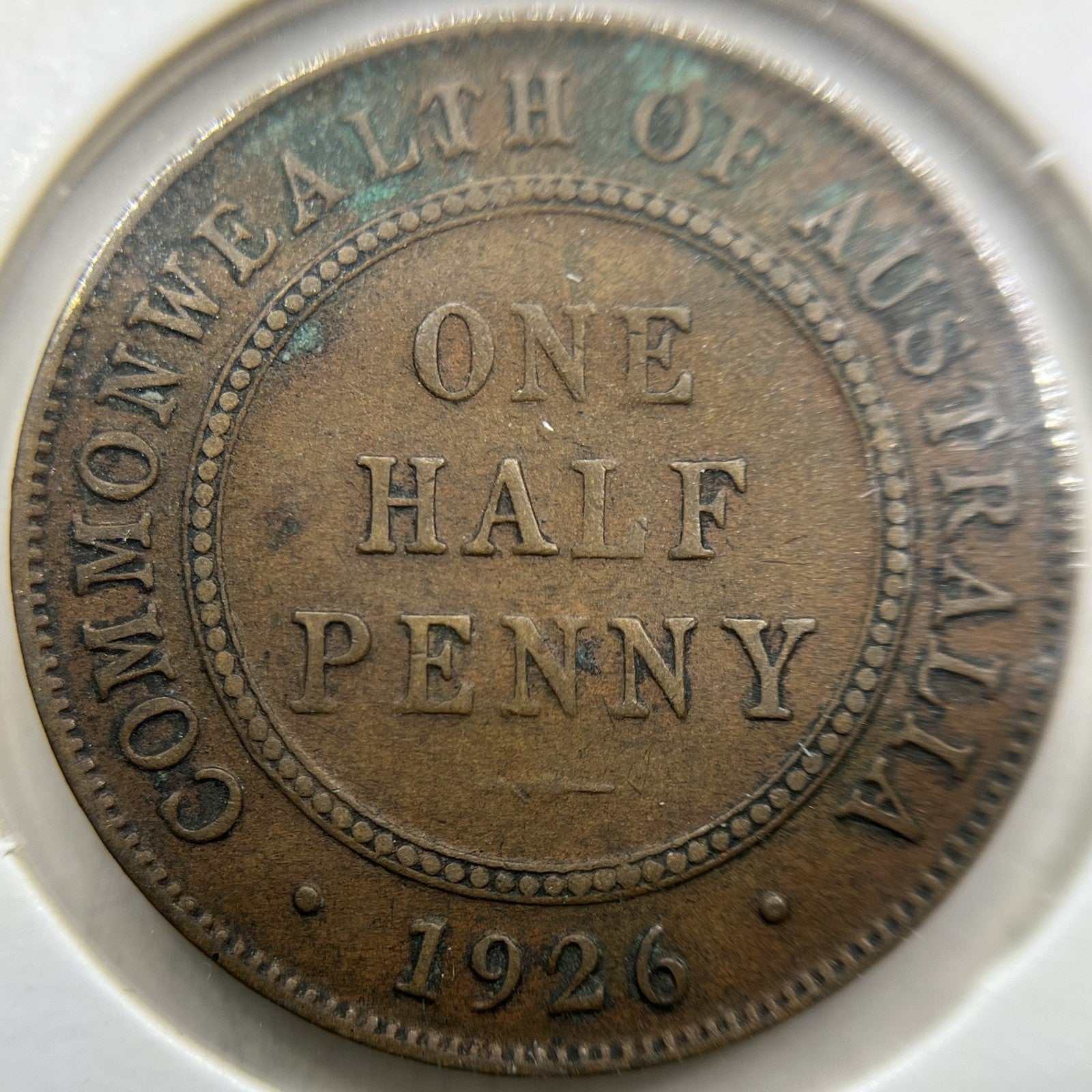 1926 Half Penny Error Coin - Half Moon + Pigtail Fine - Predecimal George V