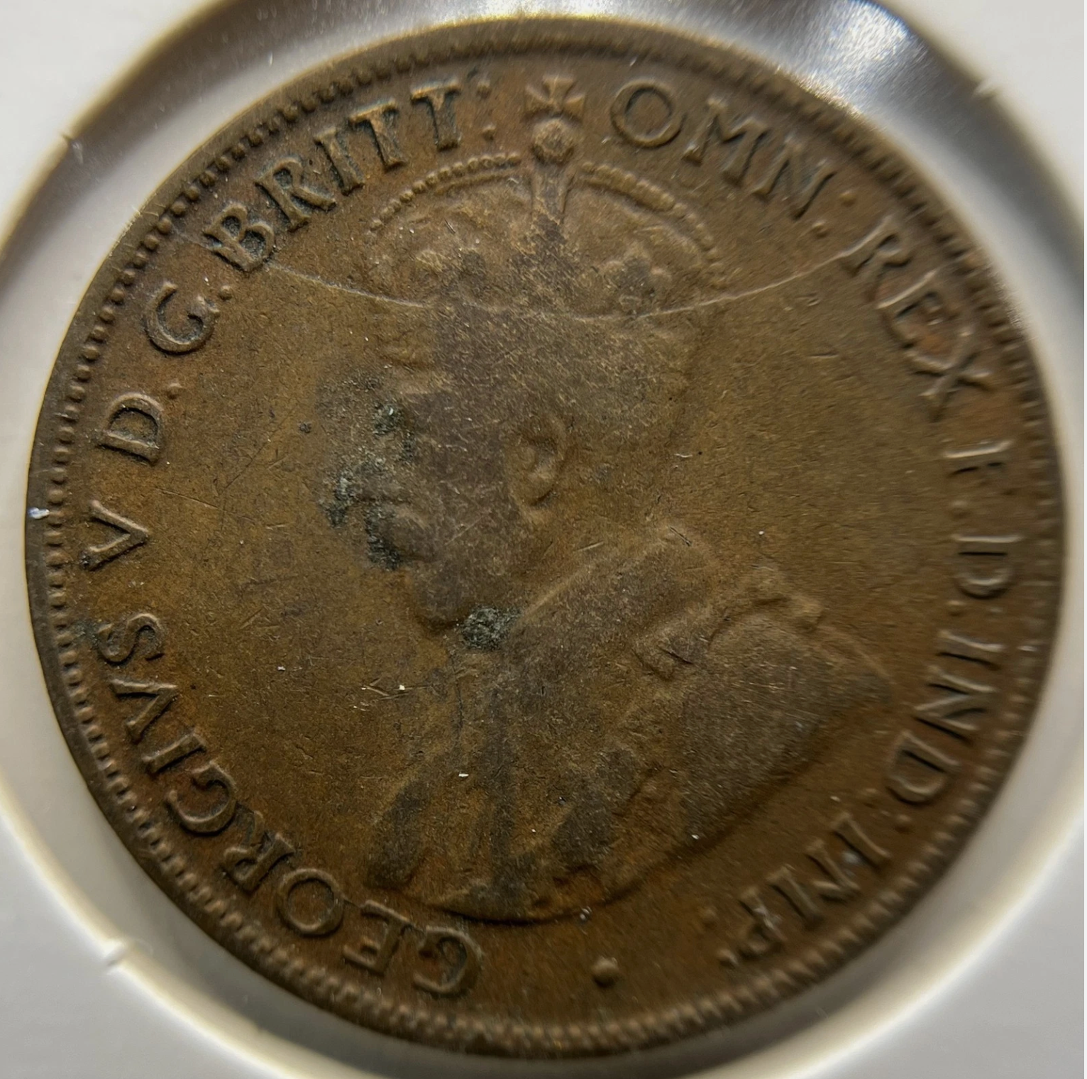 1926 Half Penny Error Coin - Half Moon and Pig Tail VG - Predecimal George V