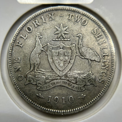 1910 Florin Coin - Very Fine - Edward VII Silver Predecimal First Year of Issue